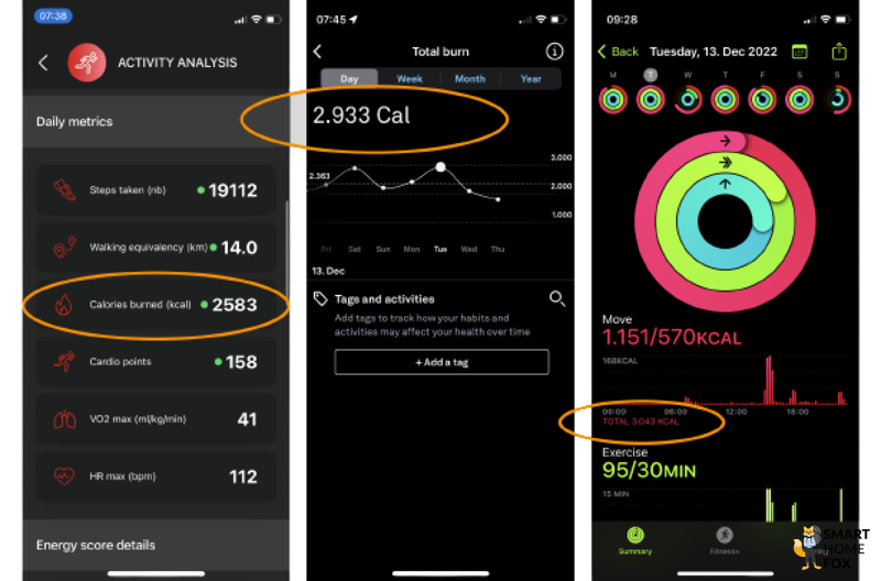 You can see the recorded calories of the Circular Ring, the Oura Ring and the Apple Watch Ultra.